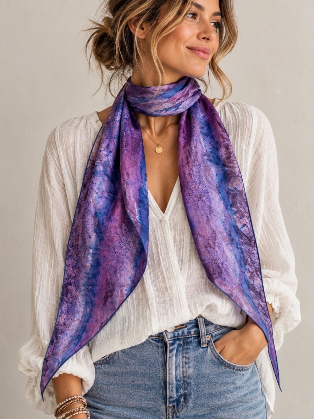 100% Silk Purple Blue Hand Dyed Skinny Scarf